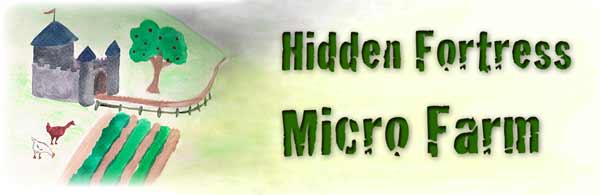 Here is the logo for the Hidden Fortress Micro Farm. It is a painting of a fairy tale-like farm with chickens in front, and the name of the farm in large, stylized text.